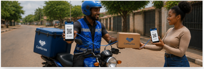 Entregas rápidas CONFIA NOS: entregador em scooter numa rota curta dentro da província, relógio e check verde