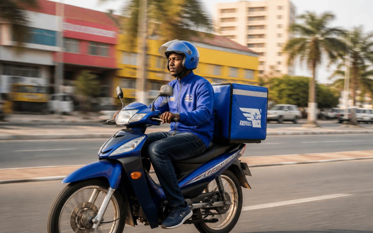 Entregas rápidas CONFIA NOS: entregador em scooter numa rota curta dentro da província, relógio e check verde